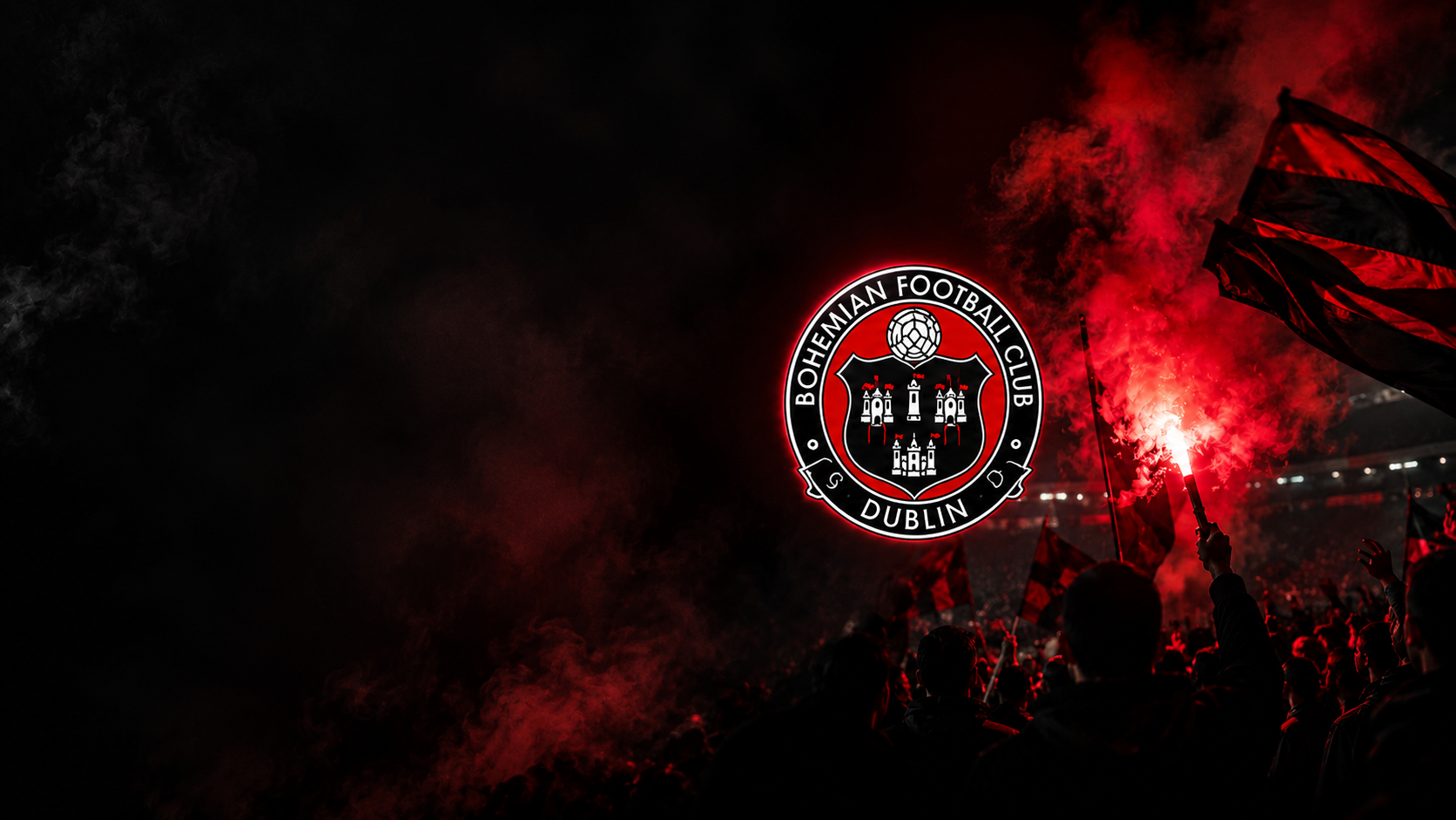 Bohemian FC supporters with red flares and the club crest for the Bohemians digital audit