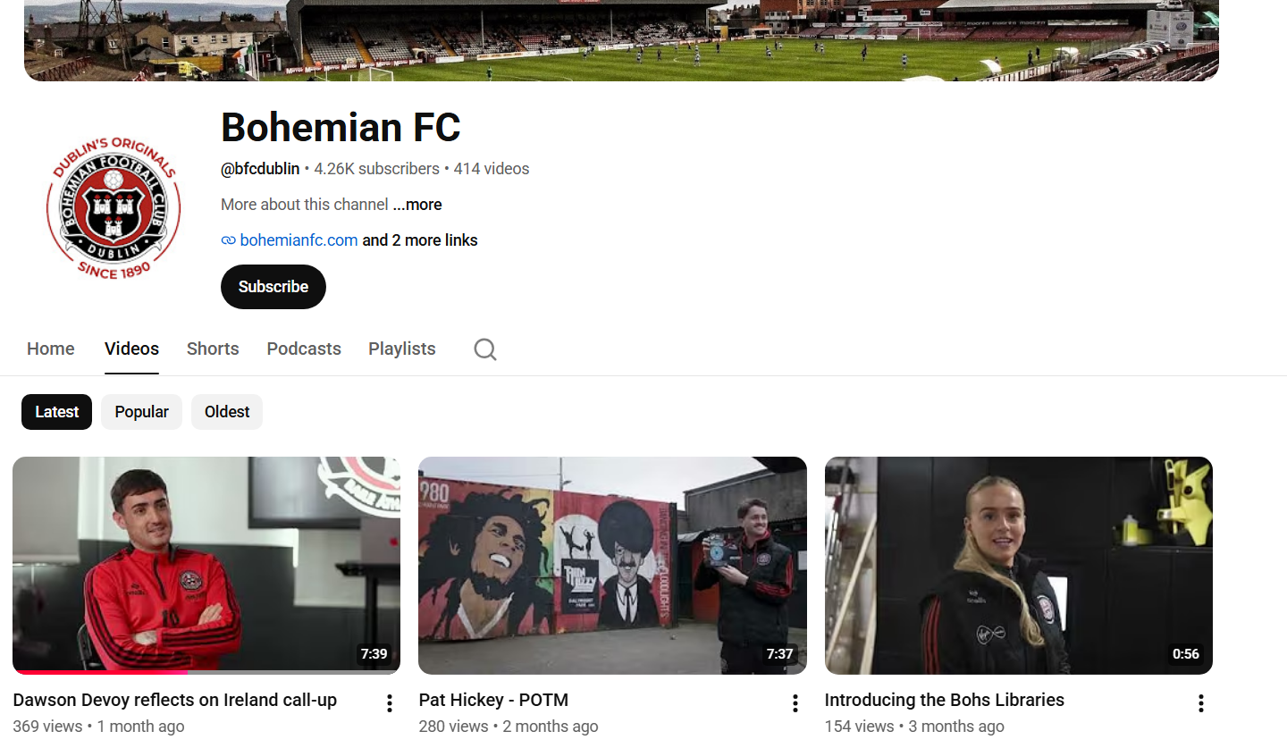 Current Bohemian FC YouTube channel desktop layout
